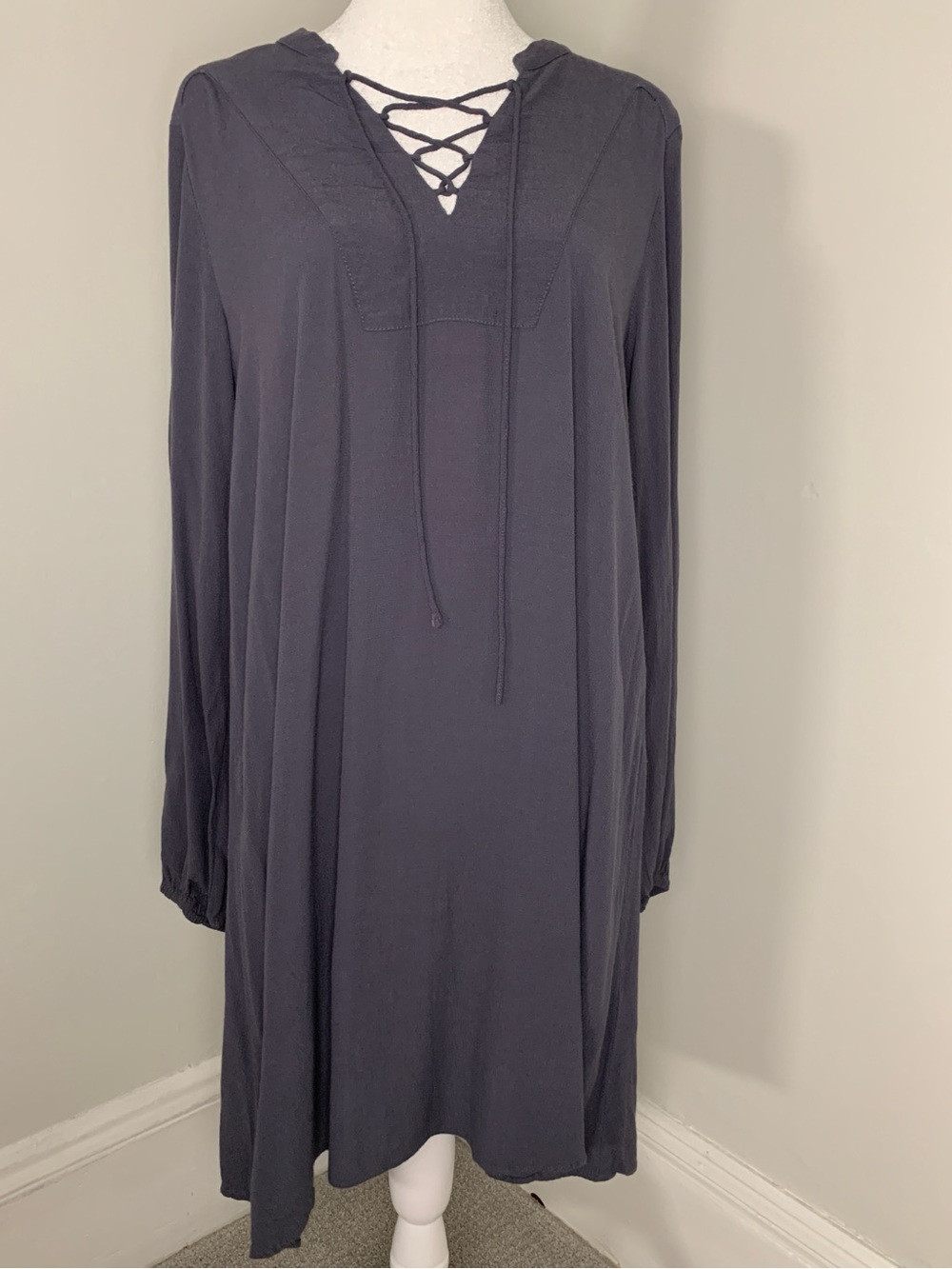 H&M HM Gray Lace Up Mandarin Collar Long Sleeves Mini Shift Dress Size 10
